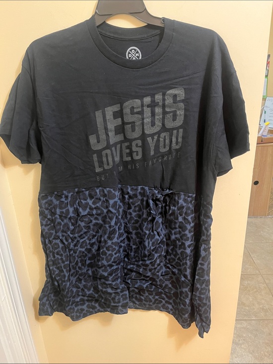Dresses & Skirts - Jesus Loves You Black Graphic Top with Dark Blue Leopard Skirt Panel